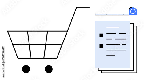 Shopping cart beside stacked documents and measuring tape. Ideal for planning, budgeting, strategy development, e-commerce, evaluation, project management, consumer behavior. A simple flat metaphor