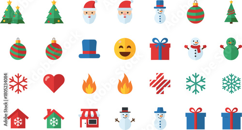 WebColorful Christmas and winter icon set featuring trees, Santa faces, snowmen, gifts, ornaments, snowflakes, festive holiday elements vector illustration