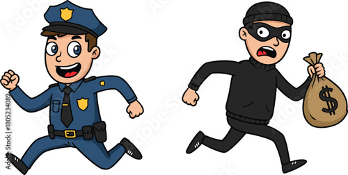 Funny cartoon police officer chasing thief, running crime scene character illustration with money bag, law enforcement action, vector art design