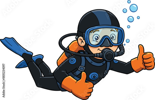 Cute cartoon scuba diver underwater giving thumbs up, professional diving equipment illustration for children, ocean adventure character, vector art image