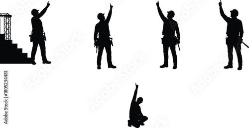 Construction worker silhouettes pointing upward on white background, industrial teamwork concept, labor poses collection, building industry illustration, professional worker outline set