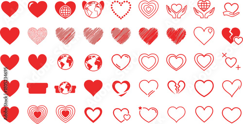 Collection of diverse red hearts in various styles and textures