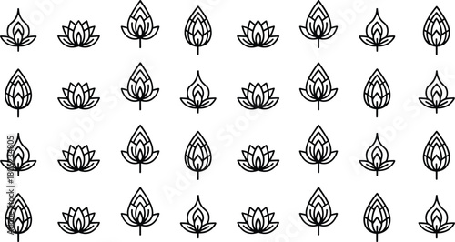 Elegant lotus floral line icons pattern, minimalist botanical outline symbols, seamless repetitive vector design for spa, wellness, meditation, nature branding