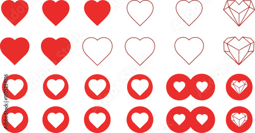 Collection of red hearts and heart outline designs for love and valentines day