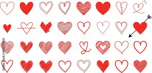 Collection of hand drawn heart illustrations in various styles and red tones