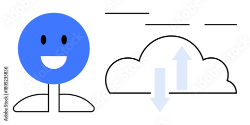 Happy stick figure next to cloud with upward and downward arrows indicating data transfer. Ideal for technology, cloud computing, networking, communication, data sharing, online storage, simplicity
