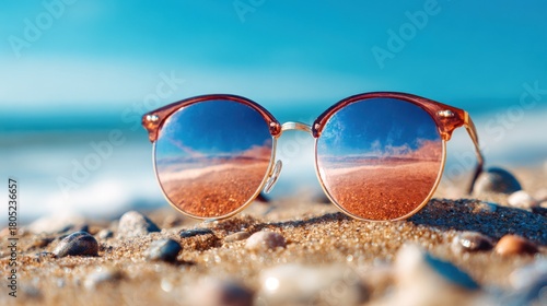 Wallpaper Mural Sunglasses are placed on warm sand capturing reflections of a vibrant sky and gentle waves at the beach during sunset creating a serene scene. Torontodigital.ca