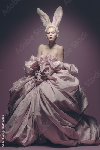 Elegant Woman Wearing Pink Voluminous Gown and Bunny Ears in Studio Fashion Portrait