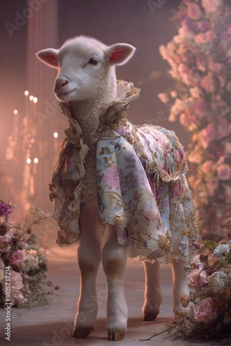 Elegant lamb dressed in ornate floral costume in romantic setting