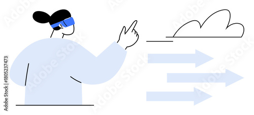 Woman wearing a virtual reality headset pointing towards a digital cloud with arrows symbolizing data flow. Ideal for technology, innovation, cloud computing, augmented reality, digital interaction