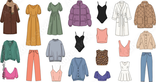 Stylish clothing collection, outerwear, tops, bottoms, dresses, bodysuits, trendy fashion pieces, wardrobe variety, seasonal outfits, flat vector illustration