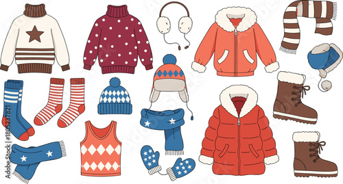 Winter clothing collection, sweaters, jackets, boots, socks, scarves, hats, earmuffs, seasonal outfit variety, cartoon style, flat vector illustration