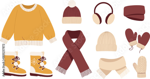 Winter fashion accessories, cozy clothing items, warm boots, knit hats, scarves, mittens, earmuffs, seasonal outfit essentials, flat vector illustration