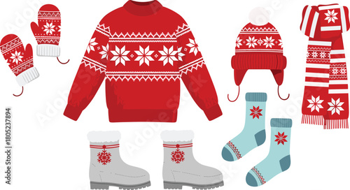 Winter clothing set with snowflake patterns, red sweater, mittens, hat, scarf, boots, socks, festive cozy outfit, flat vector illustration