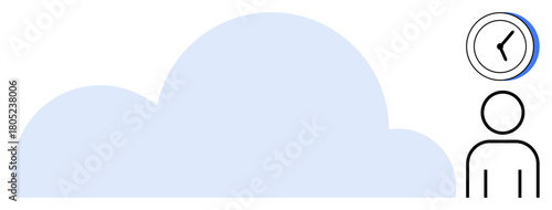 Large cloud shape, minimalist person icon, and clock suggest time, data storage, and efficiency. Ideal for productivity, technology, cloud computing, scheduling workflow digital service simple