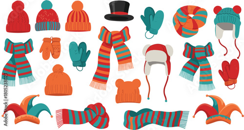 Winter hats, scarves, mittens, jester hats, festive accessories, seasonal clothing, cold weather gear, flat vector illustration, colorful winter fashion