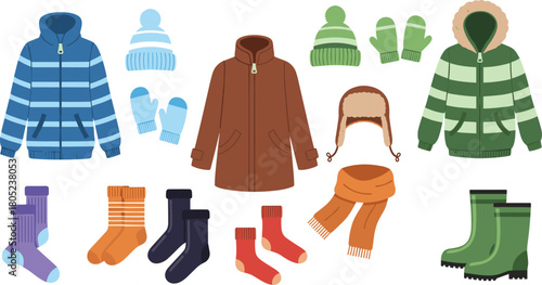 Winter jackets, mittens, socks, boots, hats, scarf, trapper hat, seasonal clothing, cold weather gear, cozy wear, flat vector illustration