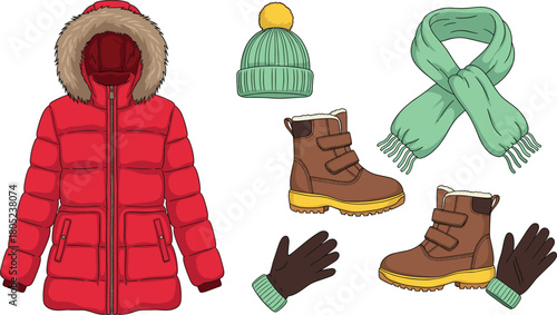 Winter jacket, boots, gloves, scarf, beanie, cold weather outfit, seasonal clothing, cozy wear, warm accessories, flat vector illustration