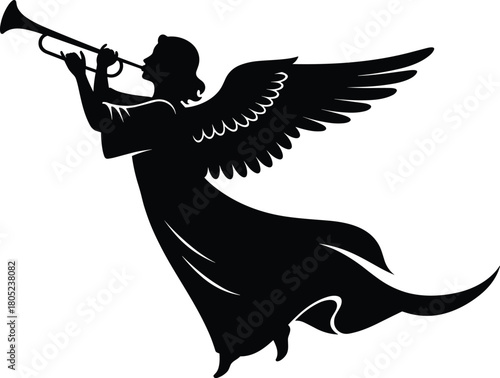 Angel silhouette, trumpet blowing, spiritual symbol, religious icon, flying figure, divine messenger, black vector art, flat vector illustration
