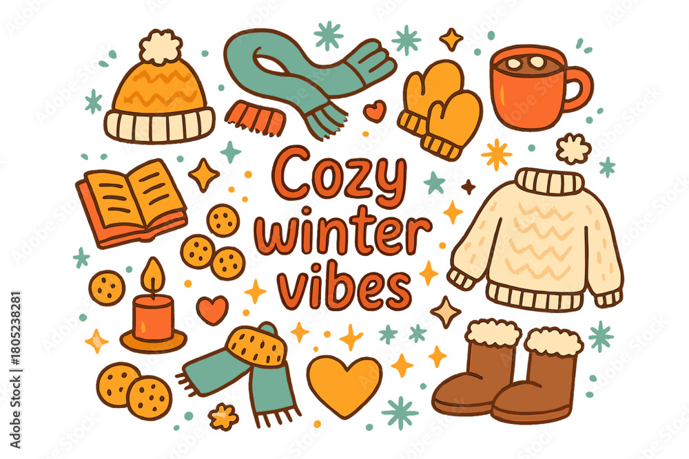Obraz premium Cozy Winter Essentials. Cozy winter vibes. Hand-drawn doodle illustration of cozy winter vibes. Wool hat,