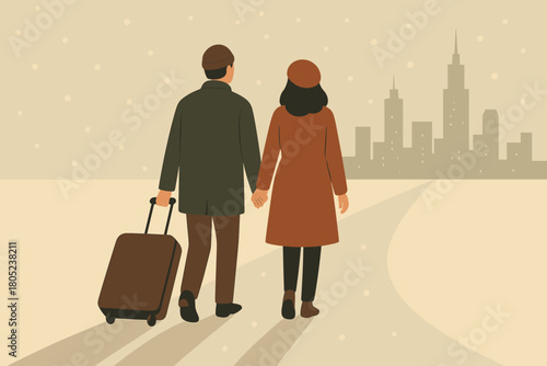 Retro City Stroll. minimalist flat illustration of a couple walking toward a distant city skyline through