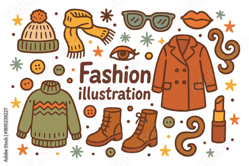 Funky Winter Fashion. Fashion illustration. Hand-drawn doodle illustration of fashion illustration. Wool hat,