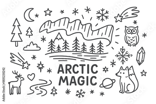 Arctic Fantasy Doodle. Arctic Magic. Hand-drawn doodle illustration of northern fantasy scenery with aurora.