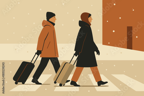 Winter Travelers Crossing. minimalist flat illustration of two travelers in winter coats crossing a snowy