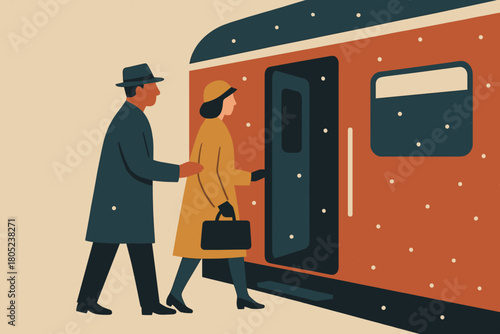 Retro Train Boarding. minimalist flat illustration of a couple boarding a train in slow-falling snow, clean