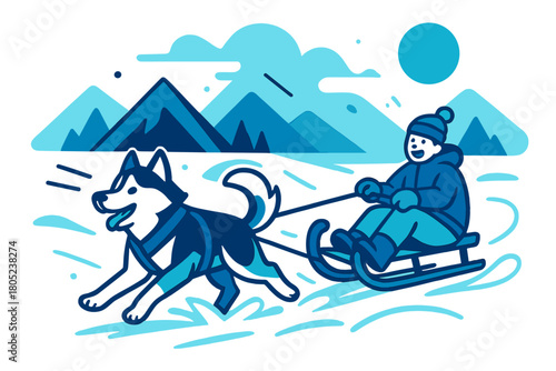 Husky Sled Adventure. Winter adventure. A husky pulling a sled through bright snow under a clear sky, motion
