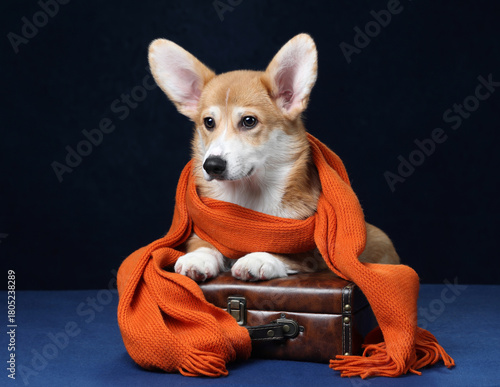 Beautiful young Pembroke Welsh Corgi dog with an orange scarf and a suitcase