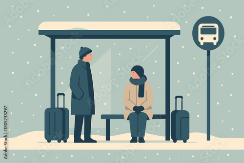 Retro Snowy Bus Stop. minimalist flat illustration of two people waiting at a snowy bus stop with luggage,