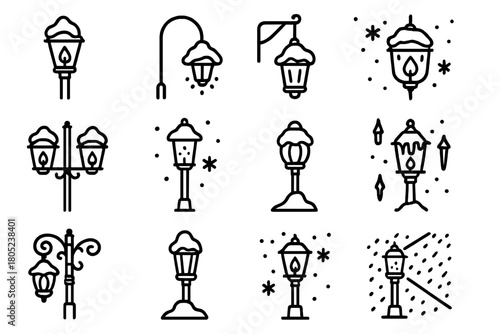 Winter Lantern Icon Set. Snow-Covered Lanterns. Line outline icon set of classic lamps in winter: old lantern