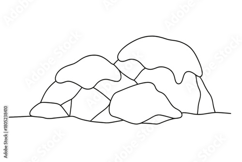 Minimalist Snow-Covered Rocks. Snow on rocks. Minimalistic one-line drawing of snow covering uneven rocks,