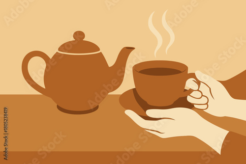 Warm Tea Scene. minimalist flat illustration of a person’s hands holding a steaming teacup beside a teapot,