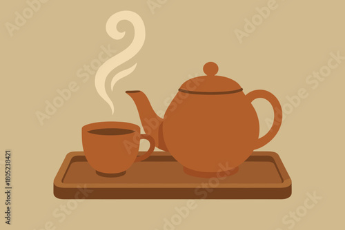 Retro Tea Set. minimalist flat illustration of a tea set on a wooden tray, delicate steam floating upward,