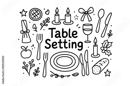 Festive Table Illustration. Table Setting. Hand-drawn doodle illustration of elegant festive table decor. In