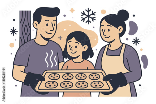 Family Cookie Time. Family baking moment. Two hands hold a tray of cookies fresh from the oven, glowing with