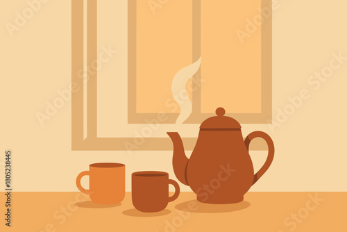Retro Morning Tea. minimalist flat illustration of a steaming teapot and two cups near a window, retro