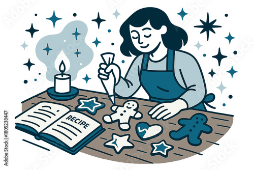 Festive Baking Scene. Peaceful baking night. Half-decorated cookies and an open recipe book on a wooden