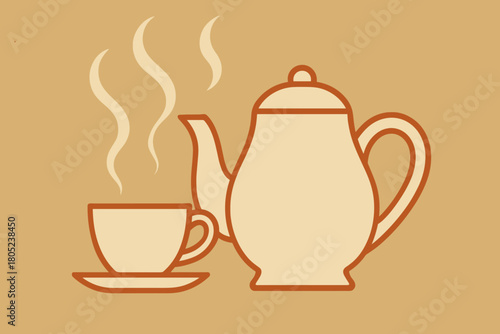 Retro Teapot Illustration. minimalist flat illustration of a teapot and cup outlined in simple shapes, soft