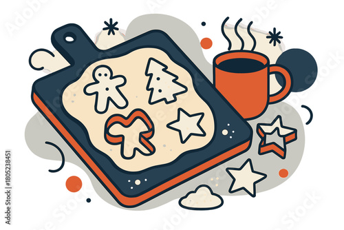 Cookie Crafting Scene. Cookie preparation. Wooden board with dough, flour shapes, and cookie cutter outlines