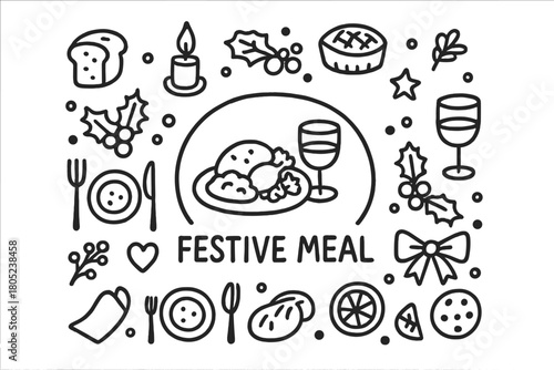 Festive Feast Doodle. Festive Meal. Hand-drawn doodle illustration of delicious holiday food on table. In the