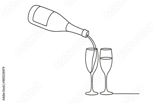 Minimal Champagne Toast. Fresh Horizons. Minimalistic one-line drawing champagne bottle pouring into two