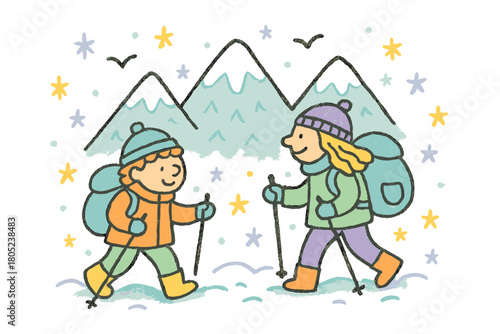Whimsical Winter Hike. "Winter hiking in the mountains". Whimsical doodle of hikers with trekking poles, snowy