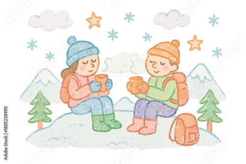 Starry Mountain Hike. "Winter hiking in the mountains". Naive doodle of two hikers resting on a hilltop,
