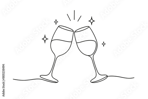 Cheers in Simplicity. Optimistic Start. Minimalistic one-line drawing clinking glasses surrounded by subtle