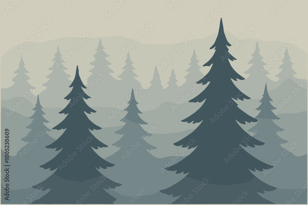Fototapeta premium Misty Pine Silhouettes. minimalist flat illustration of silhouettes of pine trees disappearing into mist, cold