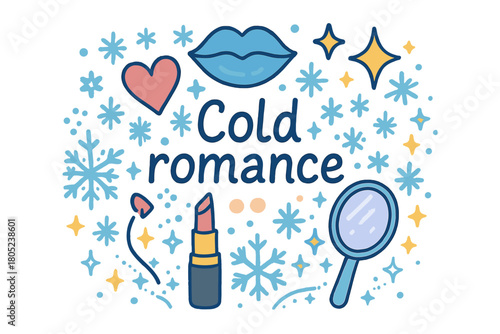 Frosty Romantic Doodle. Cold romance. Hand-drawn doodle illustration of cold romance. Lips, lipstick, heart,