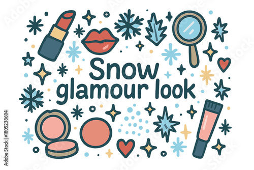 Snow Glamour Art. Snow glamour look. Hand-drawn doodle illustration of snow glamour look. Red lipstick, lips,
